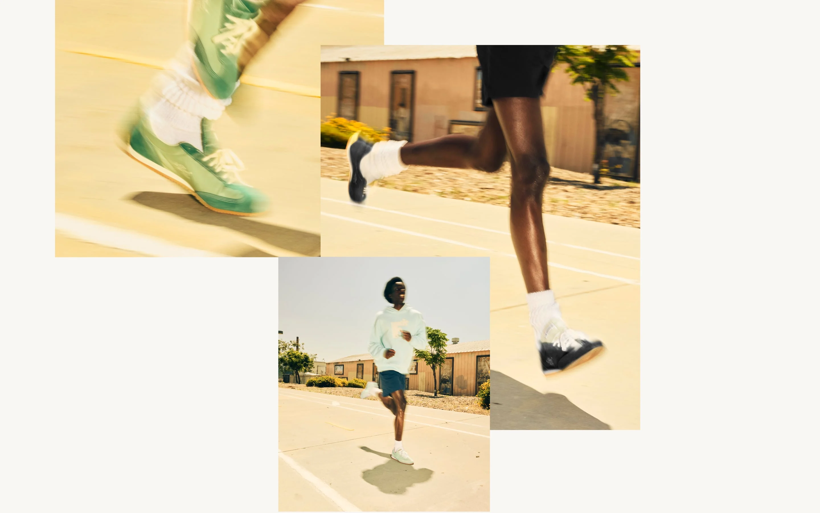 The image shows a person running on an outdoor track wearing green sneakers, white socks, dark shorts, and a light hoodie.The photos capture close-up shots of the runner’s legs in motion as well as a full-body view against a sunny background with buildings and trees.