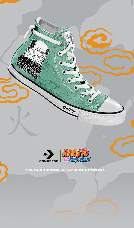 The image shows a green high-top Converse sneaker featuring artwork and branding from the anime “Naruto Shippuden,” including a character illustration and the series logo. The background has stylized orange clouds and subtle gray patterns, complementing the shoe’s design.