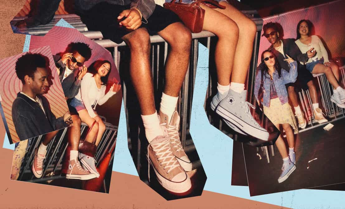 Collage of various people wearing Chuck Taylor shoes in different colors