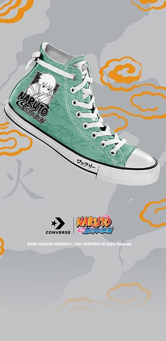 The image shows a green high-top Converse sneaker featuring artwork and branding from the anime “Naruto Shippuden,” including a character illustration and the series logo. The background has stylized orange clouds and subtle gray patterns, complementing the shoe’s design.