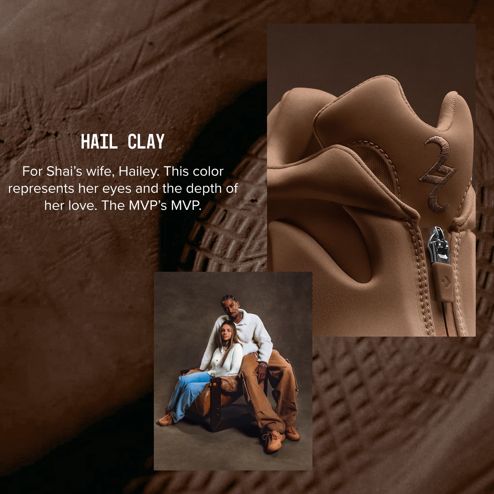 This image showcases a close-up of a tan-brown shoe with the “2u” logo, alongside a photo of Shai Gilgeous-Alexander and his wife Hailey sitting together. The text explains that the “Hail Clay” color is dedicated to Hailey, symbolizing her eyes and the depth of her love, calling her “The MVP’s MVP.”