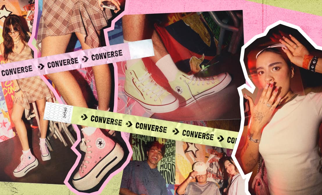 Collage of various people wearing Chuck Taylor shoes in different colors