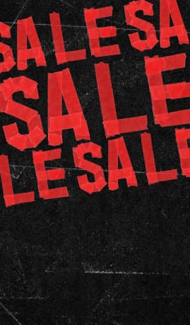 Red block letters spelling &ldquo;SALE&rdquo; are repeated diagonally across a scratched, black textured background. The design has a distressed, worn-paper look with torn edges and creases.