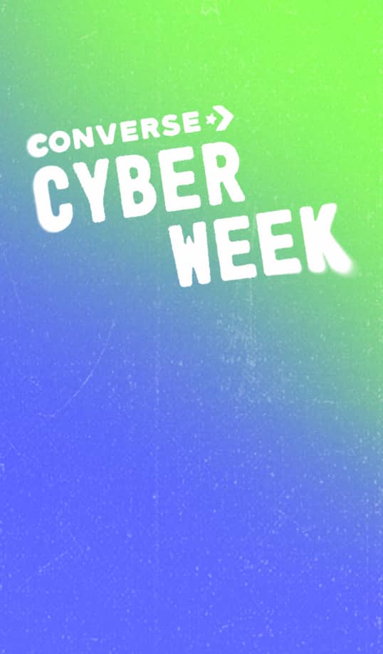 The image features the text &ldquo;CONVERSE CYBER WEEK&rdquo; in bold white letters against a gradient background transitioning from green at the top to blue at the bottom. The design has a slightly textured, vintage look with the text tilted diagonally.
