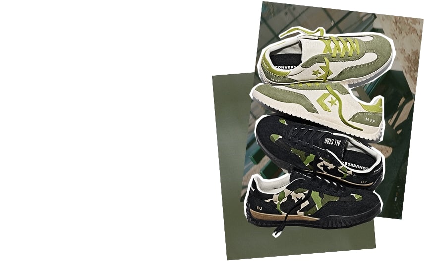 The image shows a pair of light gray Converse sneakers with white laces and dark red accents, placed on two overlapping blurred photographs. One shoe is viewed from the side, displaying the Converse star logo, while the other is shown from above with &ldquo;CONVERSE&rdquo; and &ldquo;ALL STAR&rdquo; visible inside.