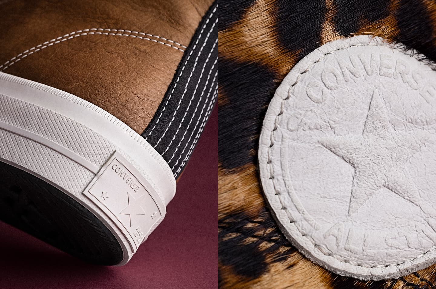 The image shows a close-up of a brown sneaker with fabric laces threaded through metal eyelets. The shoe has detailed stitching and a textured rubber sole.