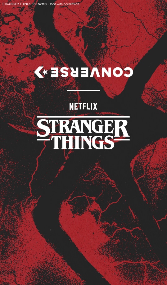 A high-contrast poster with a red-and-black textured background features the white “STRANGER THINGS” logo centered and the word “NETFLIX” above it. The upside-down “CONVERSE” logo appears near the top, creating a mirrored, eerie composition.