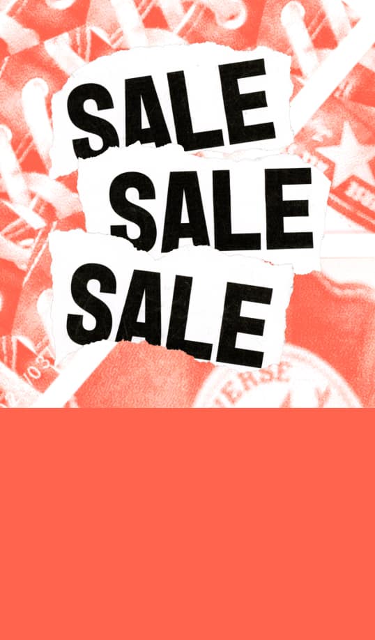 The image shows multiple torn paper pieces with the word “SALE” in bold black letters overlaid on sepia-toned photos of Converse All Star sneakers. The background is bright lime green, creating a striking contrast that highlights the sale announcement.