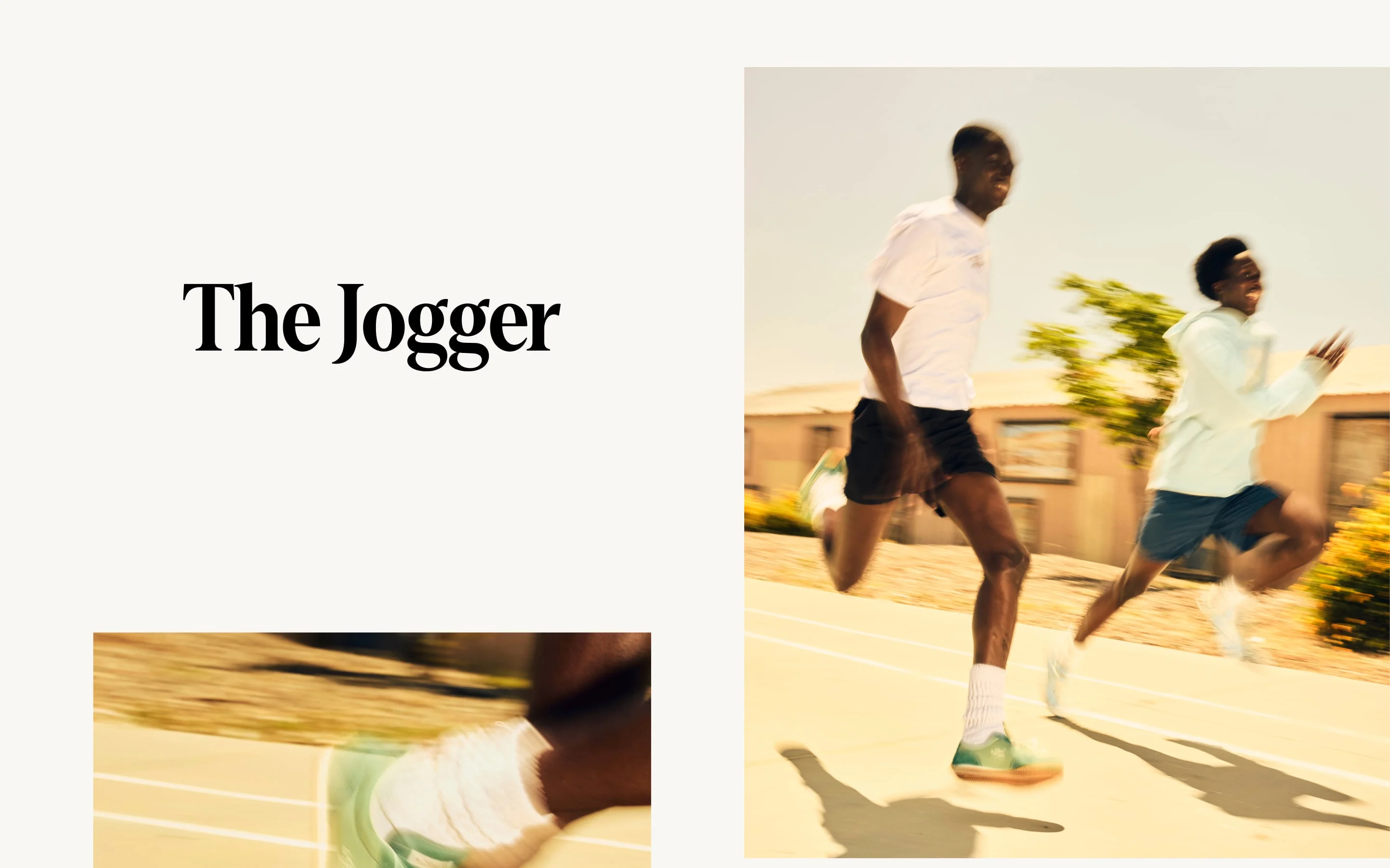 The image shows two people jogging outdoors on a sunny day. A close-up of one jogger’s foot wearing green running shoes and white socks is also featured below the title “The Jogger.”