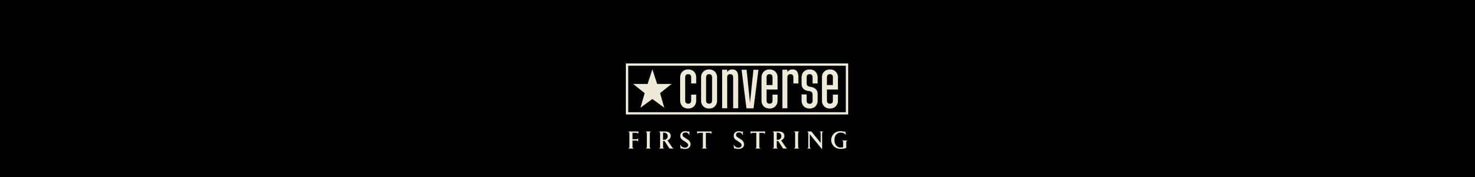 The image shows the Converse logo with a white star and the word &ldquo;converse&rdquo; inside a rectangular box. Below it, the text &ldquo;FIRST STRING&rdquo; is written in uppercase letters on a black background.
