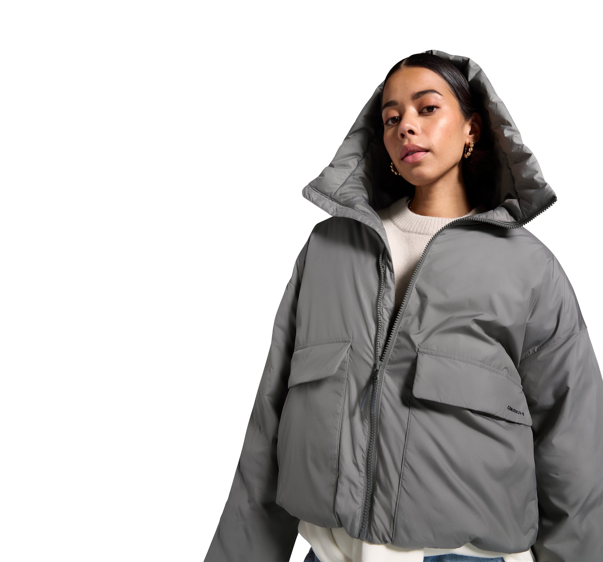 CONVERSE Short Cargo Puffer Jacket Grey