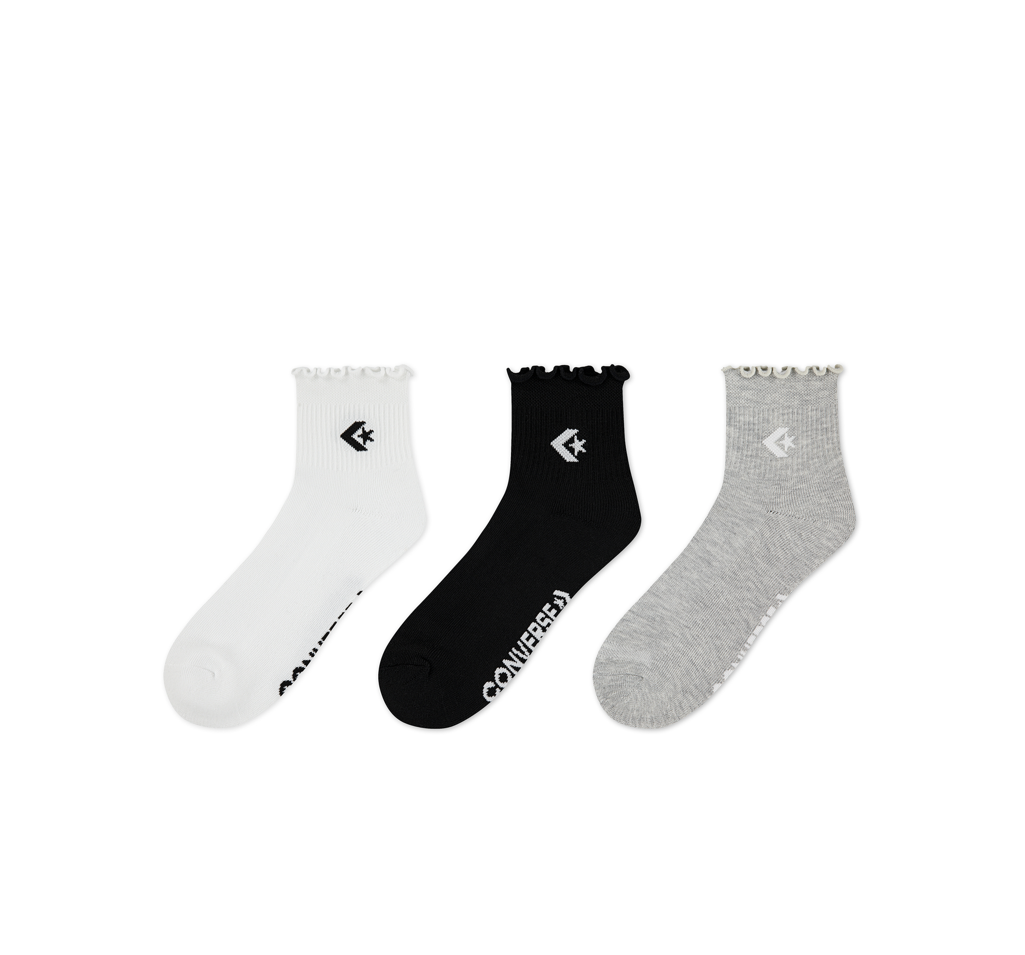 CONVERSE 3-Pack Chevron Star Lettuce Cuff Quarter Socks Black, White